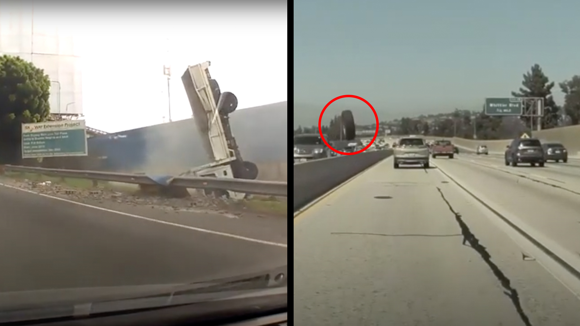 Truck Flips Then Lands Upside Down Rogue Tire S No Match For Tesla Driver Rtm Rightthisminute